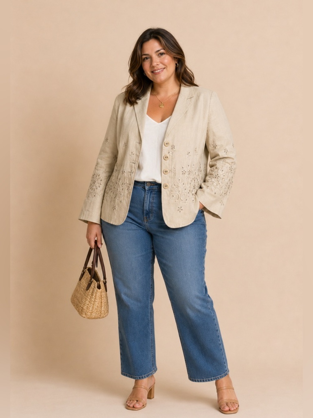 Carole Little Linen Embroidered Blazer Jacket Tan Button Front Floral Eyelet 16W